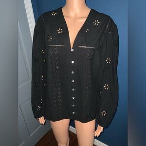 Chic Black Eyelet Blouse with Button Detail